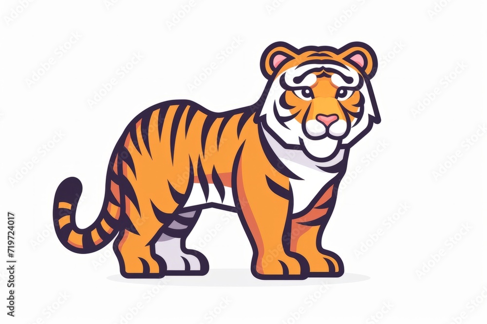 A cartoon tiger, vector flat icon illustration, Modern Line Icon, bold lines, vibrant color, linear patterns, isolate on white