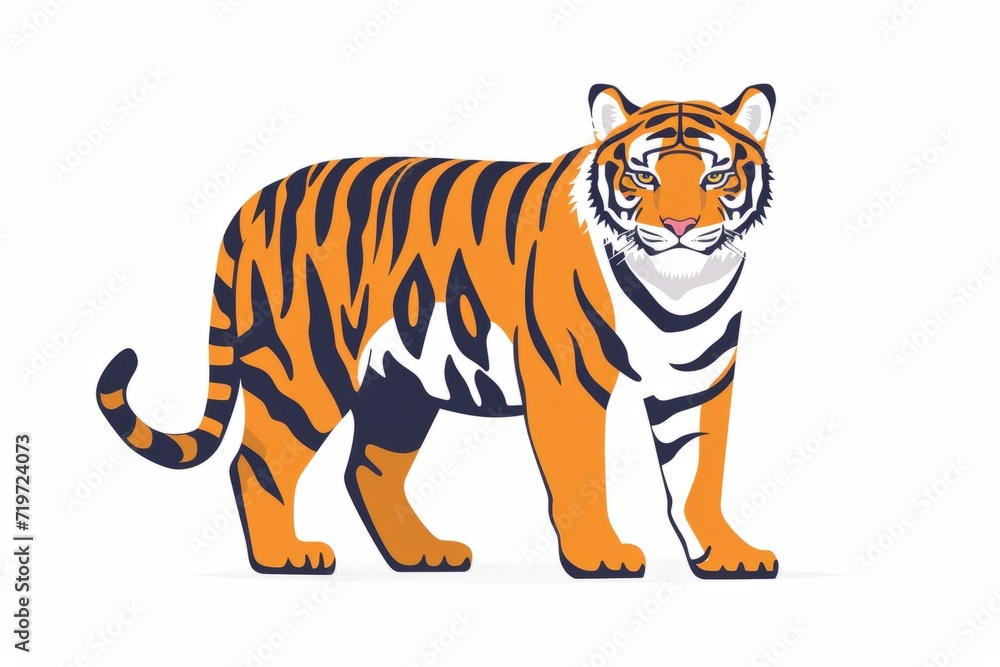 A cartoon tiger, vector flat icon illustration, Modern Line Icon, bold lines, vibrant color, linear patterns, isolate on white