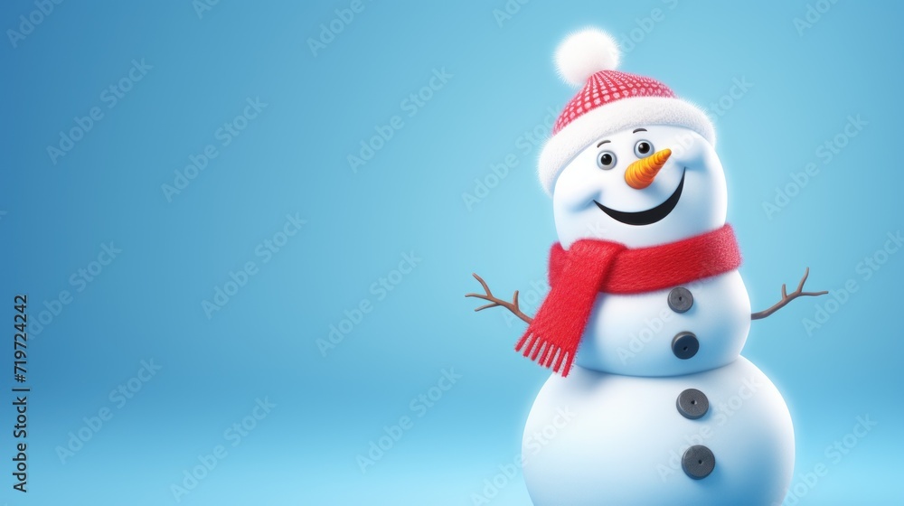Funny white jolly snowman wearing a hat on blue pastel background. AI generated image