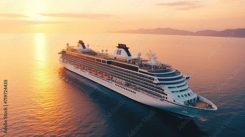 A modern, white cruise ship sails the sea. Travel and relaxation. Top view. En route. A modern, white cruise ship sails the sea. Travel and relaxation. Top view. En route.