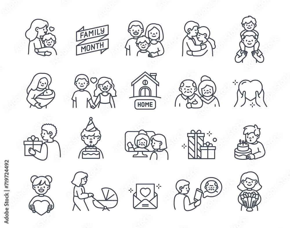 Set of linear family month icons. Simple badges with parents taking care of children, happy couple in love and mother with newborn baby. Outline flat vector collection isolated on white background Set of linear family month icons. Simple badges with parents taking care of children, happy couple in love and mother with newborn baby. Outline flat vector collection isolated on white background
