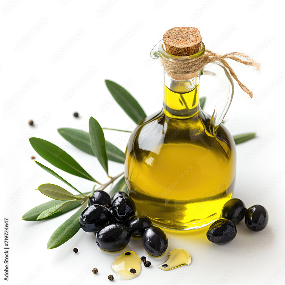 A clear glass bottle filled with golden olive oil, corked and tied with a string, surrounded by fresh black olives, green leaves, and pepper grains on a white background. A clear glass bottle filled with golden olive oil, corked and tied with a string, surrounded by fresh black olives, green leaves, and pepper grains on a white background.