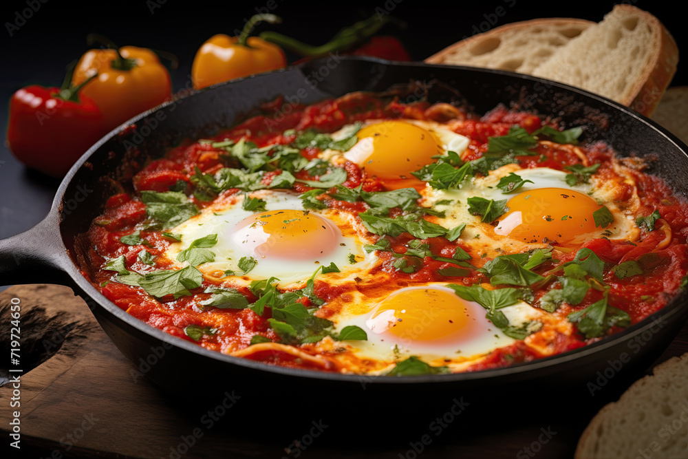 A mouthwatering and vibrant dish of shakshuka, perfectly cooked eggs, and fresh herbs. Enjoy the traditional flavors of Mediterranean cuisine.