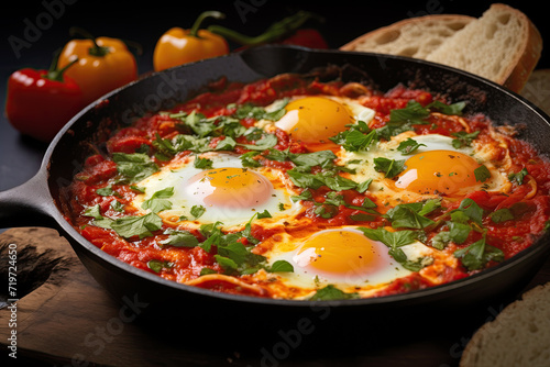 A mouthwatering and vibrant dish of shakshuka, perfectly cooked eggs, and fresh herbs. Enjoy the traditional flavors of Mediterranean cuisine.