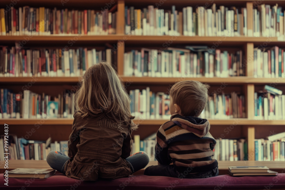 two children sitting in the library, back view, looking at the shelves full of books, and talking about books. two children sitting in the library, back view, looking at the shelves full of books, and talking about books.
