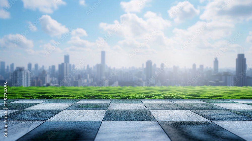 The cityscape with green grass and trees in the background. Generative AI