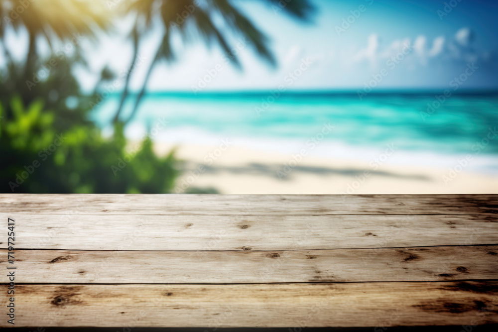 Empty rustic wooden table on blur background of beautiful beach for mockup summer product display or travel ad. Picnic table with customizable space on table-top for editing. Flawless generative ai