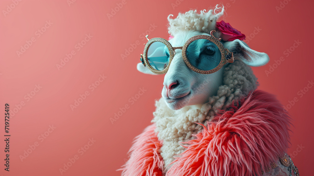 Trendy fashionable stylish glamorous animal. Sheep in stylish oversized sunglasses and a pink feather boa on a coral background