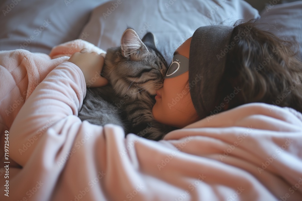 A young girl in a peaceful sleep, closely cuddled with a tabby cat in bed. Sweet Dreams with a pets A young girl in a peaceful sleep, closely cuddled with a tabby cat in bed. Sweet Dreams with a pets