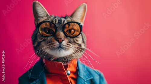 Trendy fashionable stylish glamorous animal. Tabby cat in round sunglasses and a suit, stylish against a pink background © T-elle