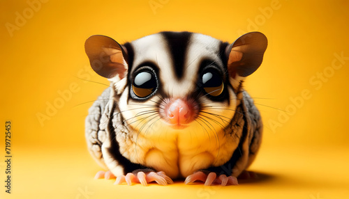 A close-up frontal view of a sugar glider on a yellow background