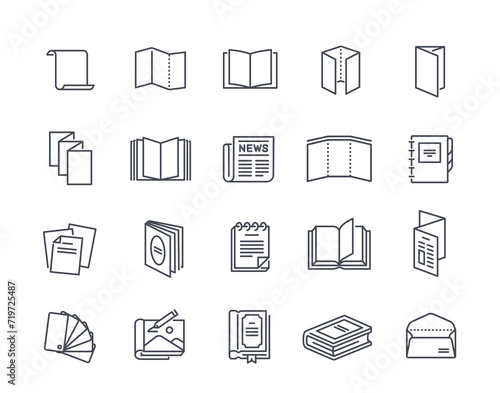Set of linear leaflets icons. Simple badges with flyer, brochure, catalog, booklet, poster, magazine, book and envelope. Editable stroke. Outline flat vector collection isolated on white background
