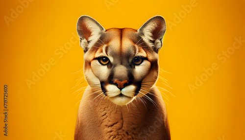 Foto A close-up frontal view of a cougar on a yellow background