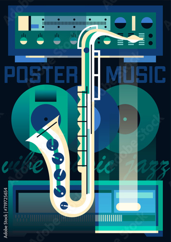 Jazz music festival poster. Abstract vintage cover with saxophone. Invitation to event or party with musical instruments. Retro flyer in 90s style. Design for print. Cartoon flat vector illustration