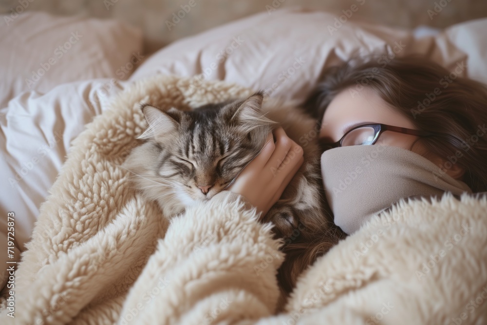 Young woman and fluffy cat share serene nap under a soft blanket. Heating in winter, cold in the house. Cozy Nap with Fluffy Cat. Pets cozy homes Young woman and fluffy cat share serene nap under a soft blanket. Heating in winter, cold in the house. Cozy Nap with Fluffy Cat. Pets cozy homes