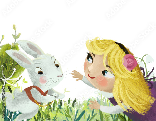cartoon scene with magicaly looking meadow in the forest in sunny day with girl child and rabbit bunny illustration for children
