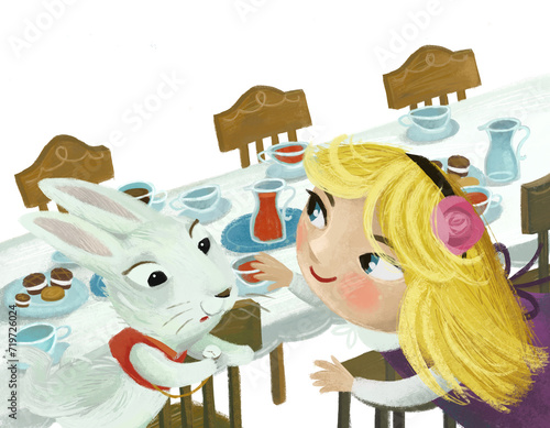 cartoon scene with dinner table and lot of food on white background with girl child and rabbit bunny illustration for children
