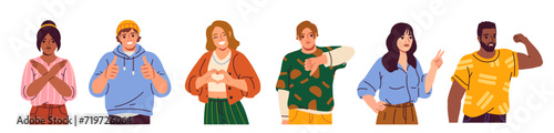 Set of people showing different gestures. Men and women express emotions using hand signs and body language. Thumbs up, peace and heart. Cartoon flat vector illustrations isolated on white background