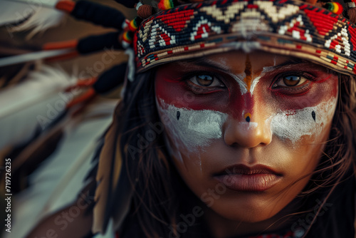 Close-up portrait of an indigenous young woman adorned with ceremonial war paint and headdress. Native American Indian