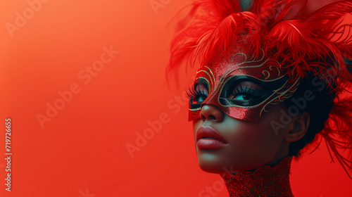 Brazilian carnival and festival.  Profile of a woman in a red feathered masquerade mask, dramatic makeup. © T-elle