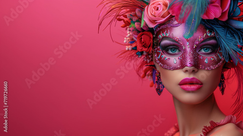 Brazilian carnival and festival. Woman in vibrant masquerade mask with feathers and flowers against red background
