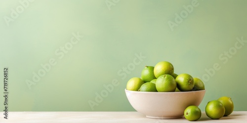 Bowl of Fresh Green Limes on Wooden Table with Green Background. Generative AI
