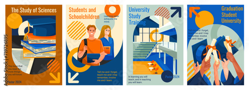 Set of back to school posters. Education, learning and study. Covers with university students, college interior, books and graduates. Cartoon flat vector illustrations isolated on white background photo