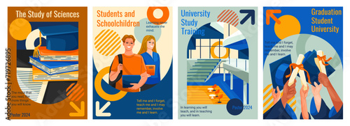 Set of back to school posters. Education, learning and study. Covers with university students, college interior, books and graduates. Cartoon flat vector illustrations isolated on white background