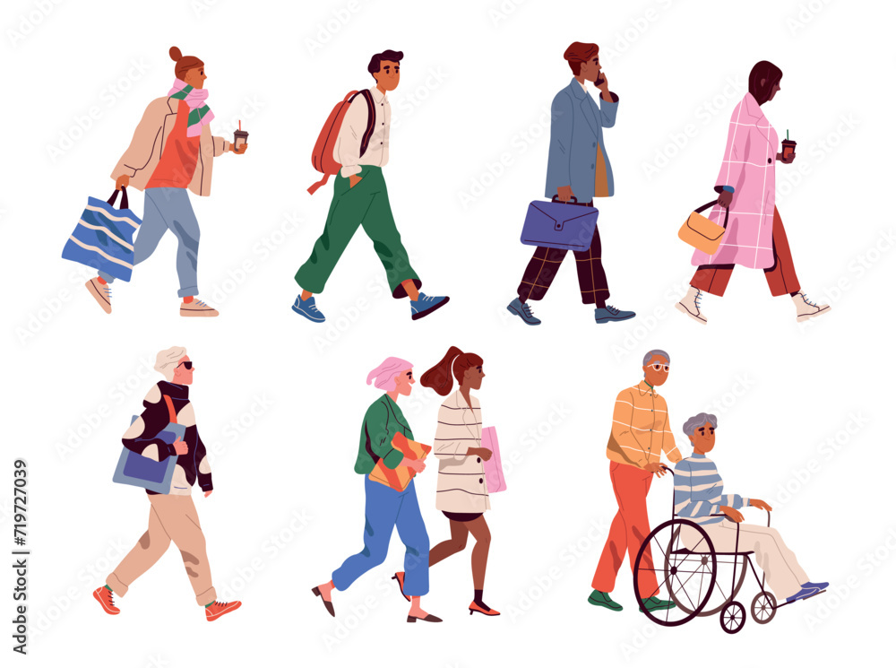 Side view of different walking people. Men and women in stylish casual clothes go to work or university. Hurrying characters. Cartoon flat vector illustration set isolated on white background Side view of different walking people. Men and women in stylish casual clothes go to work or university. Hurrying characters. Cartoon flat vector illustration set isolated on white background