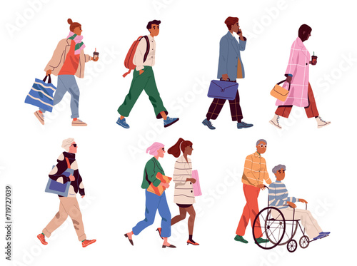 Side view of different walking people. Men and women in stylish casual clothes go to work or university. Hurrying characters. Cartoon flat vector illustration set isolated on white background
