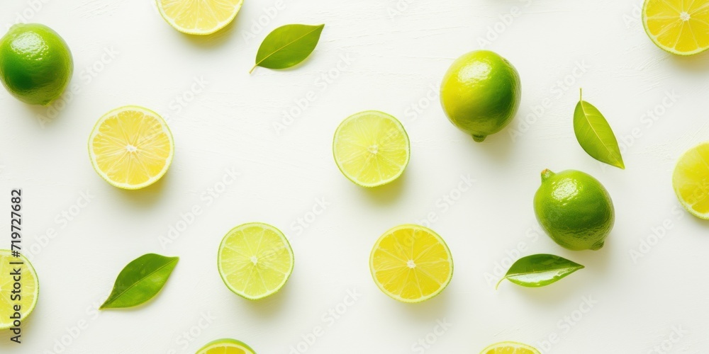 Assorted Fresh Halved and Whole Limes and Leaves on White Background. Generative AI