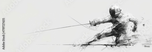 A fencer in a poised attack stance, the motion captured in a fluid black and white sketch, highlighting the finesse of fencing at the Summer Olympics. photo