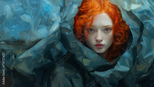 Illustration of a woman with orange hair and pale skin framed by blue cloth.