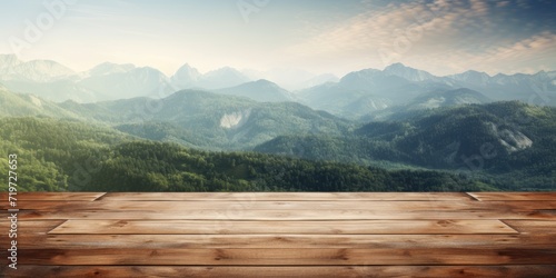 Mountain landscape on wooden table top.