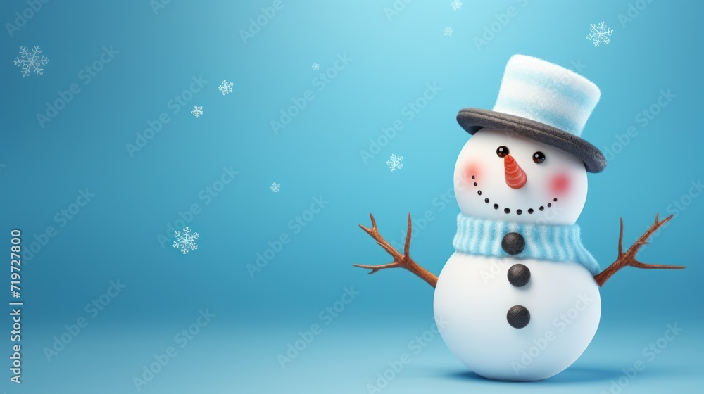 Funny white jolly snowman wearing a hat on blue pastel background. AI generated image