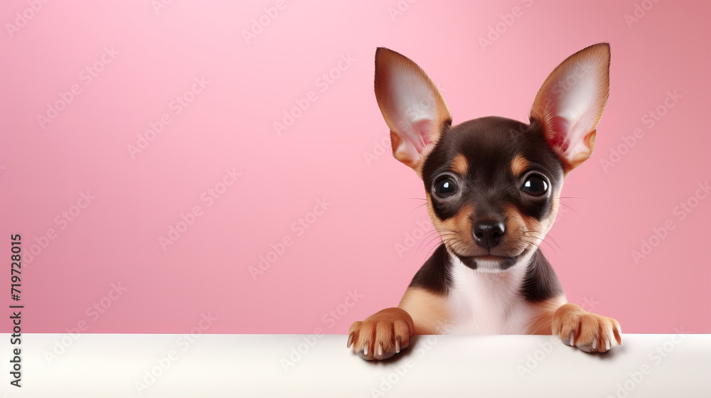 Playful Chihuahua Puppy with Big Ears on Pink Background with Copy Space