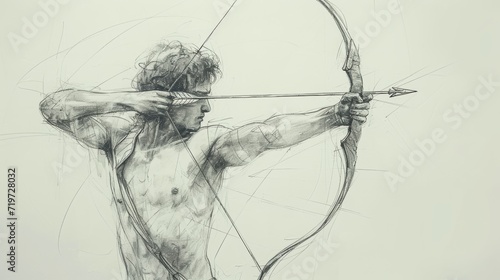 Artistic sketch of an archer in concentration, poised to release an arrow, embodying the precision and focus of archery at the Summer Olympics in Paris. photo