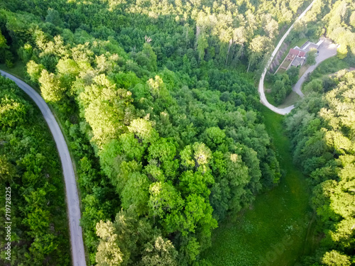  Aerial drone landscape photo of national park. Picture of green forest and road