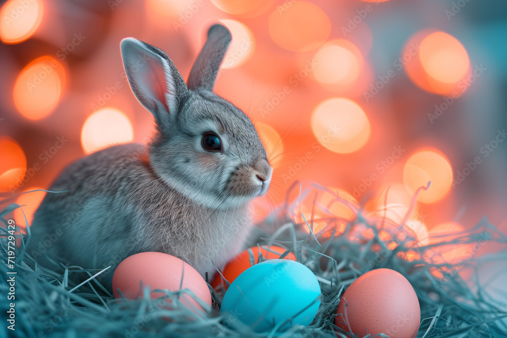 fluffy, cute, whimsical, joyful, easter bunny in a vibrant, grassy field, spring meadow with pastel easter eggs, egg hunt. bokeh background fluffy, cute, whimsical, joyful, easter bunny in a vibrant, grassy field, spring meadow with pastel easter eggs, egg hunt. bokeh background