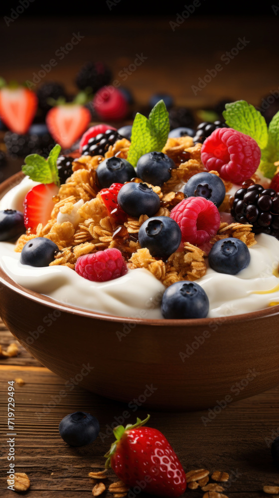 Delectable yogurt parfait with granola and mixed berries, garnished with mint, offering a perfect blend of health and taste on a rustic backdrop. Delectable yogurt parfait with granola and mixed berries, garnished with mint, offering a perfect blend of health and taste on a rustic backdrop.