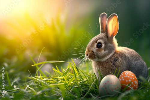fluffy, cute, whimsical, joyful, easter bunny in a vibrant, grassy field, spring meadow with pastel easter eggs, egg hunt photo