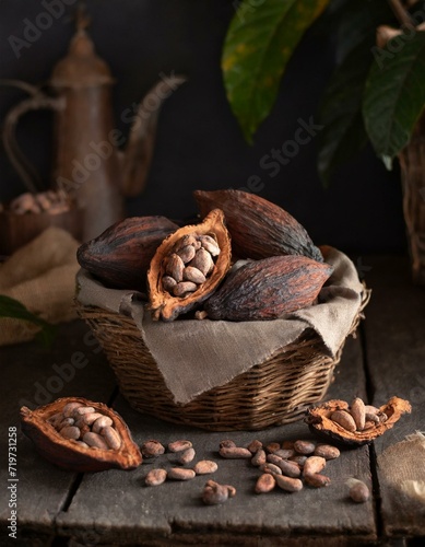 FRUTO DO CACAU ABERTO COM A POLPA FRESCA DISPOSTO EM UMA MESA DE MADEIRA RÚSTICA NUMA FAZENDA EM ESTILO COMIDA ESCURA photo