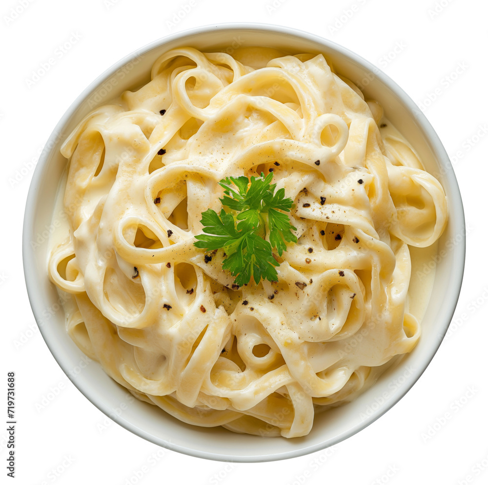 Bowl of fettuccine alfredo with garnish isolated. Bowl of fettuccine alfredo with garnish isolated.