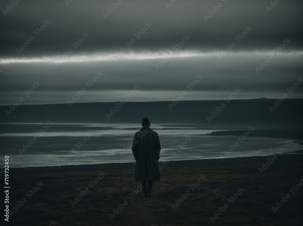 Lone Figure Standing on Dark Beach at Night. Generative AI. Lone Figure Standing on Dark Beach at Night. Generative AI.