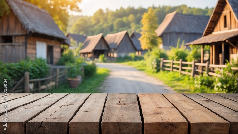Blurred Village and Road on Empty Wooden Table Background, Wooden Table Blurred Village and Road on Empty Wooden Table Background, Wooden Table