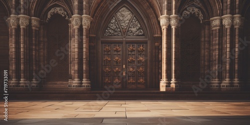 Fototapeta Naklejka Na Ścianę i Meble -  Gothic cathedral with arcade features, including architectural elements like windows and doors.