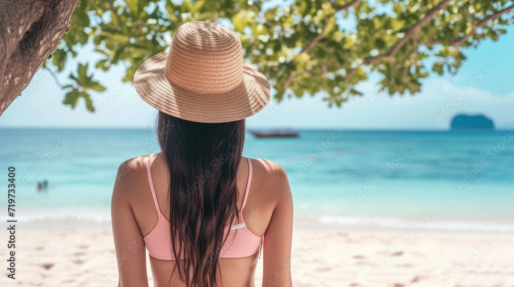 Back view of happy young Asian woman in pink swimsuit and straw hat relax and enjoy holiday at tropical sand beach under the tree. Girl in summer vacation fashion. Beauty sexy model. Summer vibes. Back view of happy young Asian woman in pink swimsuit and straw hat relax and enjoy holiday at tropical sand beach under the tree. Girl in summer vacation fashion. Beauty sexy model. Summer vibes.