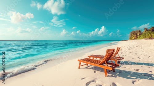 Beautiful beach. Chairs on the sandy beach near the sea. Summer holiday and vacation concept for tourism. Inspirational tropical landscape