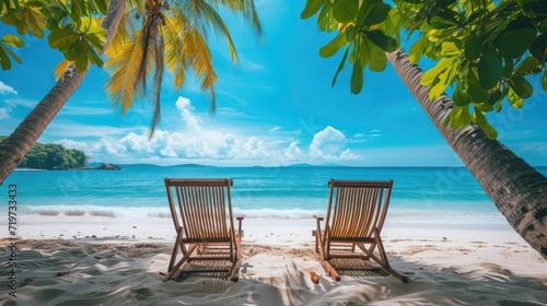 Beautiful beach. Chairs on the sandy beach near the sea. Summer holiday and vacation concept for tourism. Inspirational tropical landscape © buraratn