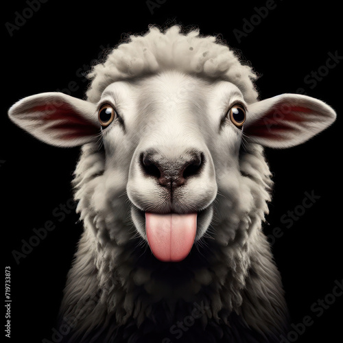 sheep and lamb, Funny sheep, sheep showing tongue, looking at camera, Bleating, Oveja o cordero, oveja divertida, high quality portrait, isolated black background. photo
